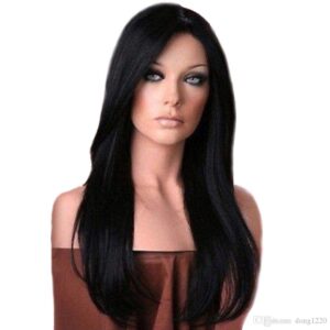 Back Heat Resistant Synthetic Wig with Hair Bangs Long Straight Layered Black Wigs with Brown Highlights Natural Looking Centre Parting Hair Replacement Wigs for Women Black