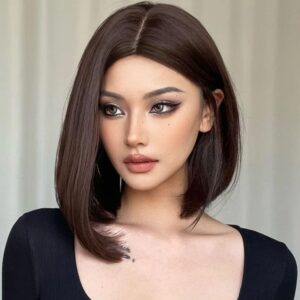 Short Straight Bob Wig,12 Inch Shoulder Length Wig, Brown Wig for Daily Party + 02 Wig Cap Free (Brown)