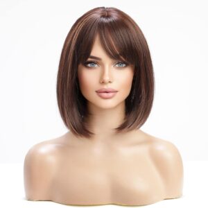 Synthetic Bob Wig for Women Short Off Highlights Bob Natural Looking Straight Ladies Daily Hair Wig with Hair Bangs, Highlights Color (Highlights Color)