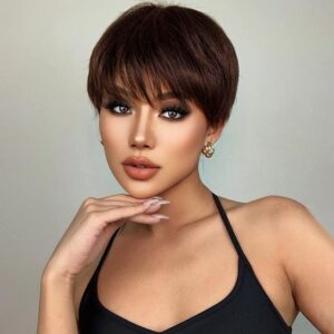 Short Pixie Cut Wigs Cute Boy Cut Brown Wigs for Women Synthetic Hair Natural Looking Wig With Bangs Daily Party Wigs, 150 Gram + 02 Wig Cap Free