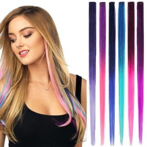 Hair Extensions,6pcs Hair Streak Colored Extension, Wig For Women, Hair Extension Clips For Women, Wigs Long Straight Rainbow Color Hair Extensions For Kids Girls In Festival Party