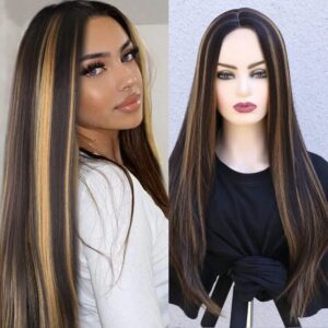 Synthetic Hair Wigs for Women Glueless with Middle Part Straight Highlights Hair Wigs, 27 Inches Long + 02 Cap Wig Free