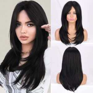 Long Black Synthetic Hair Wigs | Women Hair Wig With Curtain Bangs | Long Layered Wig for Daily Use | Pack of Includes WigCap