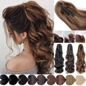 Claw Clip Attached Ponytail Hair Style Synthetic Instant Extensions & Wigs For Women (Golden Highlighted)