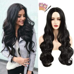 Long Black Hair Wig for Women Natural Looking Wavy Curly Synthetic Hair Wig Middle Part Wig for Everyday or Cosplay Party Wig Comb + WigCap