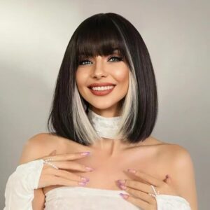 13 Inch Black Gray Mix Hair Wig for Women Full Head Straight Short Bob Synthetic Diwali Wigs with Bangs