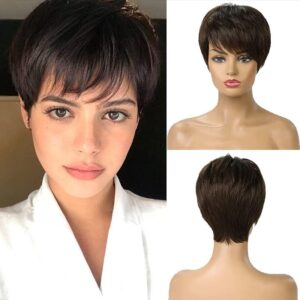Short Curly Boycutt Hair Wig for Women With Bangs - Layered Synthetic Wavy Wig, Brown Color + 02 Wig Cap Free