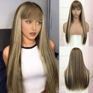 24 Inch Long Straight Hair Wigs for Women Highlight Balayage Golden Brown Synthetic Full Head Hair Wig With Bangs For Cosplay
