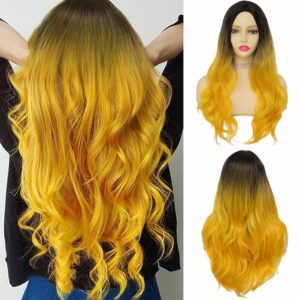 Yellow Curly Long Wavy Wigs for Women Ombre Yellow Middle Part Wigs Natural Synthetic Hair Wig for Cosplay Party Halloween (Yellow) + 02 Wig Cap Free