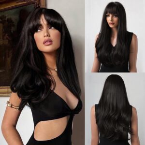 Layered wig with bangs Synthetic wig Glueless Heat Resistant Fiber Hair Synthetic for Fashion Women Daily Party, 26 Inch Long, (Black1)