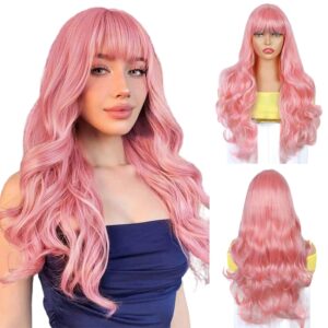 23 inch Long Pink Hair Wig for Women Full Head Wavy Cruly Wigs with Bangs Synthetic Wig for Diwali