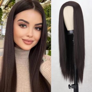 Long Brown Straight Wigs for Women Lace Front Wig Body Middle Part Hair Heat Resistant Wig Synthetic Natural Looking for Daily Party Use(BROWN,27inch)