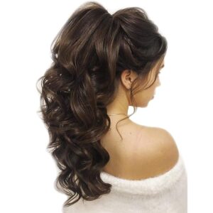 Women Hair Extension 16 Inch Straight-Curls Long Ponytail with Clip Hair Extension Wig (Brown)
