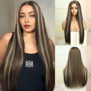 24 Inch Long Golden Brown Hair Wigs for Women Highlight Balayage Synthetic Straight Full Head Hair Wig For Cosplay