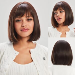 Short Bob Wigs for Women,Dark Brown mixed Highlight Bob Wig with Bangs,Yaki Straight Shoulder Length Synthetic Wig for Daily Use 12 Inches (Brown With Highlights) + 02 Wig Cap Free