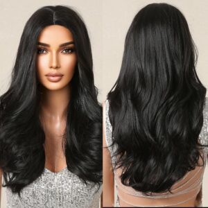 Black Wigs For Women Long Natural Hair Body Wave Middle Part Wig Lace In Forehead Synthetic Wig Glueless Wigs For Daily Part Use