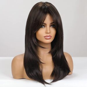 Women's Cotton Lace Full Head Wig - Shoulder Straight Length Natural Brown Layered Synthetic Hair Extension for Women and Girls (250 Gram)