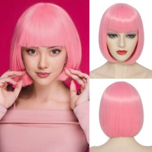 Short Pink Bob Hair Wigs for Women Light Pink Wig Full Head with Bangs Synthetic Hair Straight Pink Bob Wig for Daily Party Cosplay