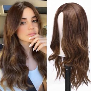 Wig With center parting Womenu2019s Silky Long Straight With Full Machine Wigs Heat Resistant Synthetic Hair Wig for Women Straight Hair Wig (Golden Brown)