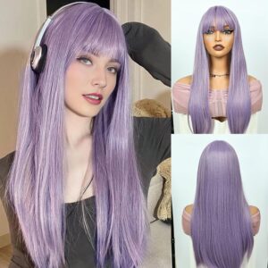 Purple Hair Wigs for Women 24in Long Full Head Straight Wig With Bang Synthetic Hair Wig For Girl Emo Cosplay And Daily Use