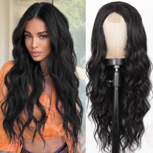 Long Black Curly Wavy Wigs Middle Part Natural Looking Long Wavy Dark Wig for Women Synthetic Heat Resistant Fiber Wig for Daily Use